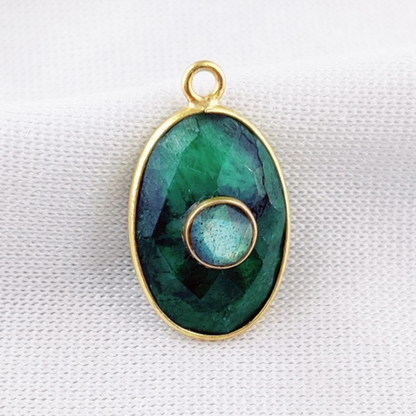 Stunning Oval Dyed Emerald Bezel Gemstone Charm Labradorite Double Stone Pendant Gold Vermeil Jewelry- Selling Per Piece