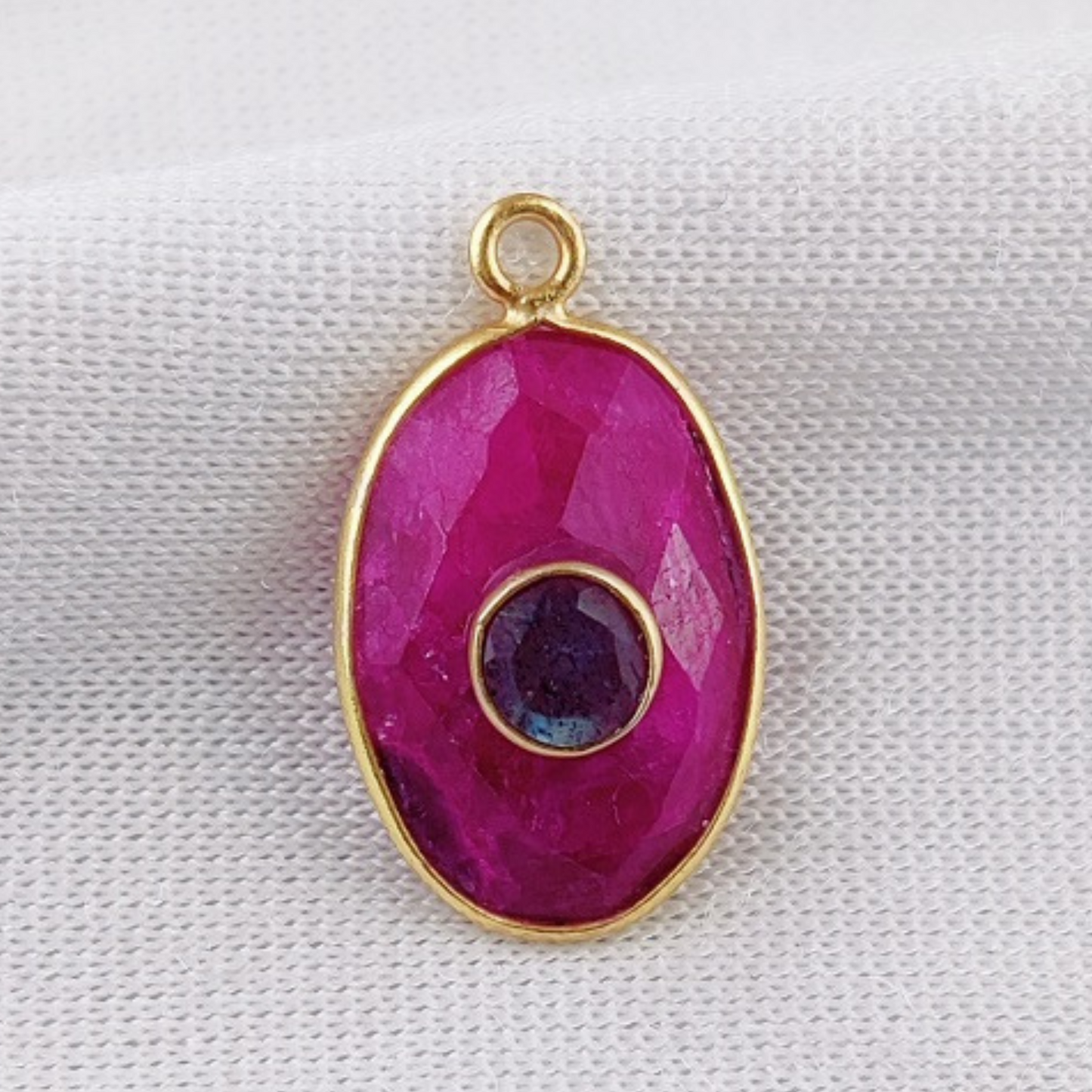 Gorgeous Dyed Ruby & Labradorite Oval Shape Charm Double Stone Bezel Set Birthstone Pendant in Gold-Plated Sterling Silver- Selling/Pcs