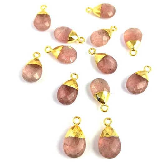 13×9mm Strawberry Quartz Pendant, Pear-Shaped Handmade Gemstone with Gold Electroplated Cap for Jewelry Making - Selling Per Piece