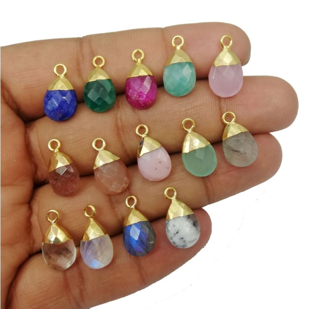 13×9mm Strawberry Quartz Pendant, Pear-Shaped Handmade Gemstone with Gold Electroplated Cap for Jewelry Making - Selling Per Piece
