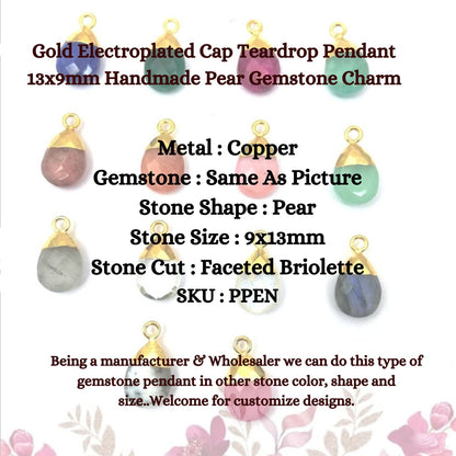 13×9mm Strawberry Quartz Pendant, Pear-Shaped Handmade Gemstone with Gold Electroplated Cap for Jewelry Making - Selling Per Piece