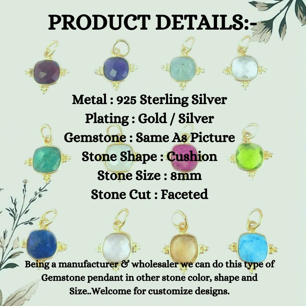 Elegant Cushion Cut 8mm Gemstone Pendant Handmade Gold Vermeil Minimalist Jewelry for Women