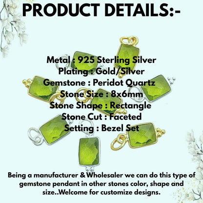 Elegant Peridot Quartz Rectangle Pendant Sterling Silver Bezel Charm for DIY Jewelry