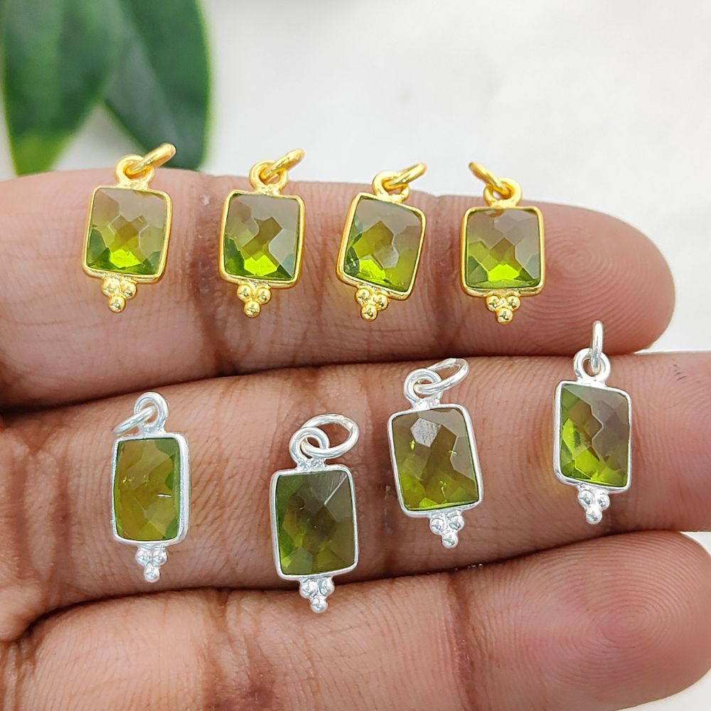 Elegant Peridot Quartz Rectangle Pendant Sterling Silver Bezel Charm for DIY Jewelry