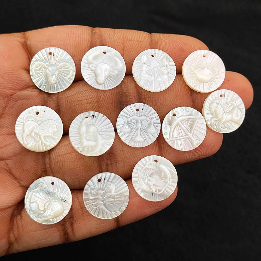 Elegant Virgo Horoscope Charm in Mother of Pearl Engraved Zodiac Coin Shell Disc for Handmade Jewelry- Selling Per Piece