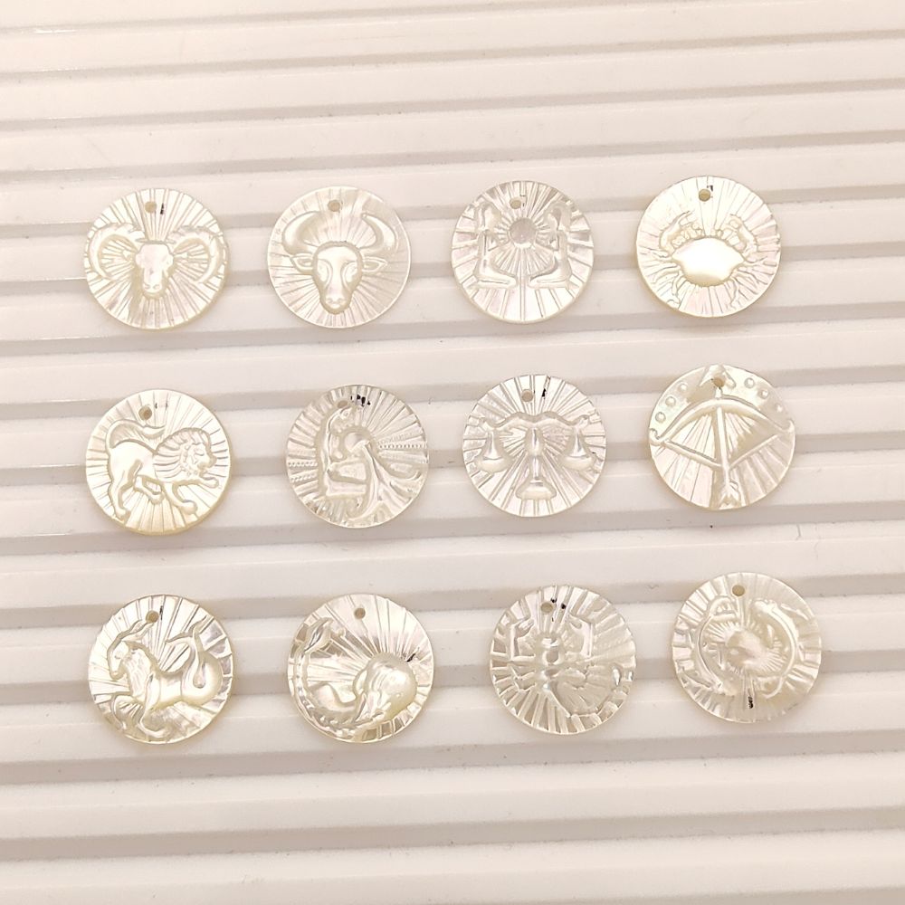 Elegant Virgo Horoscope Charm in Mother of Pearl Engraved Zodiac Coin Shell Disc for Handmade Jewelry- Selling Per Piece