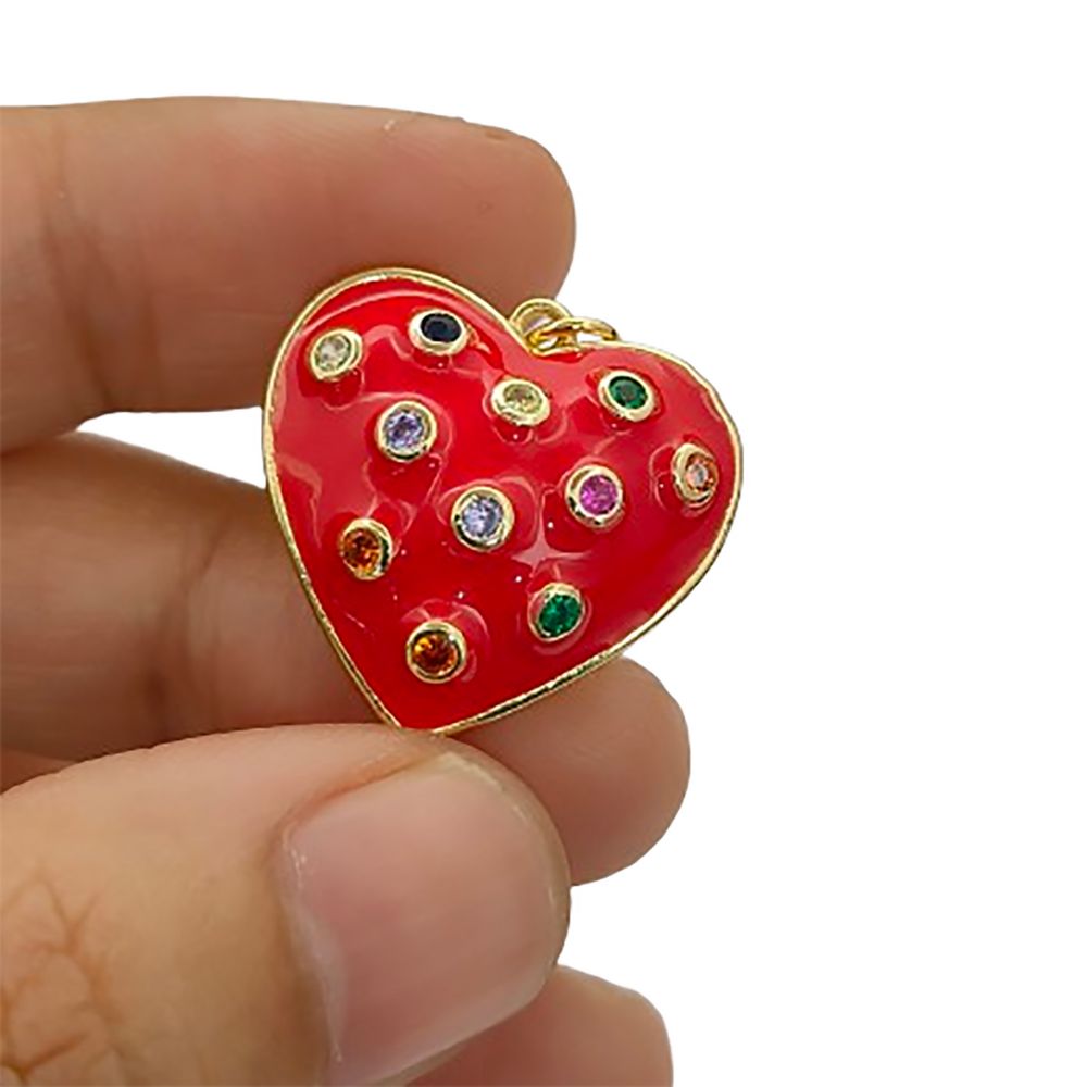 Handmade Red Bubble Heart Pendant with CZ Inlay, 18K Gold Plated Charm for DIY Necklaces & Bracelets- Selling Per Piece