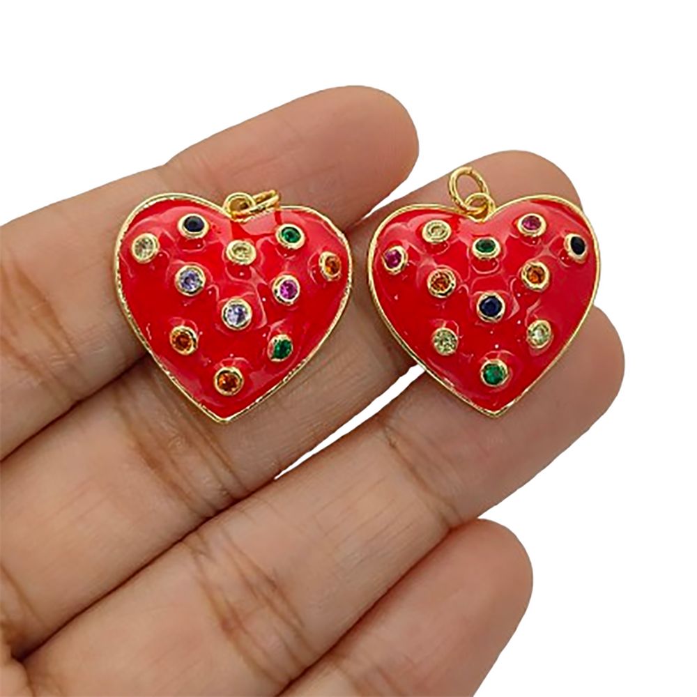 Handmade Red Bubble Heart Pendant with CZ Inlay, 18K Gold Plated Charm for DIY Necklaces & Bracelets- Selling Per Piece