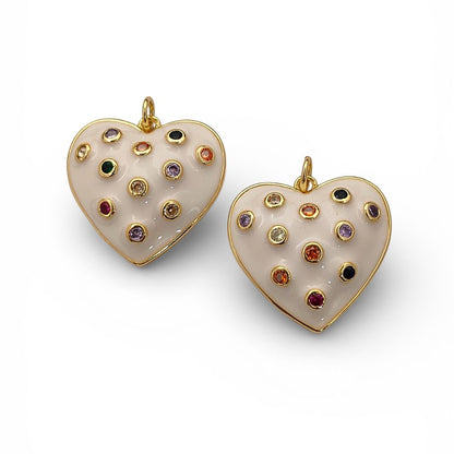 Handcrafted White Enamel CZ Bubble Heart Charm, 18K Gold Plated Pendant for Handmade Jewelry Designs- Selling Per Piece