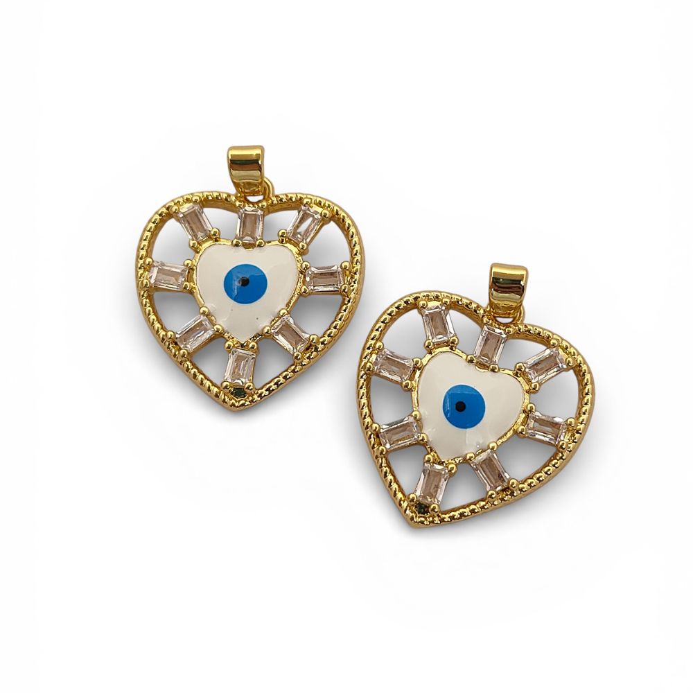 Evil Eye Turkish Nazar Heart Pendant in 18K Gold Plated Finish with Micro Pavé CZ, DIY Handmade Necklace & Bracelet Charm- Selling Per Piece