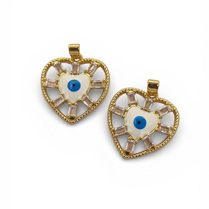 Evil Eye Turkish Nazar Heart Pendant in 18K Gold Plated Finish with Micro Pavé CZ, DIY Handmade Necklace & Bracelet Charm- Selling Per Piece