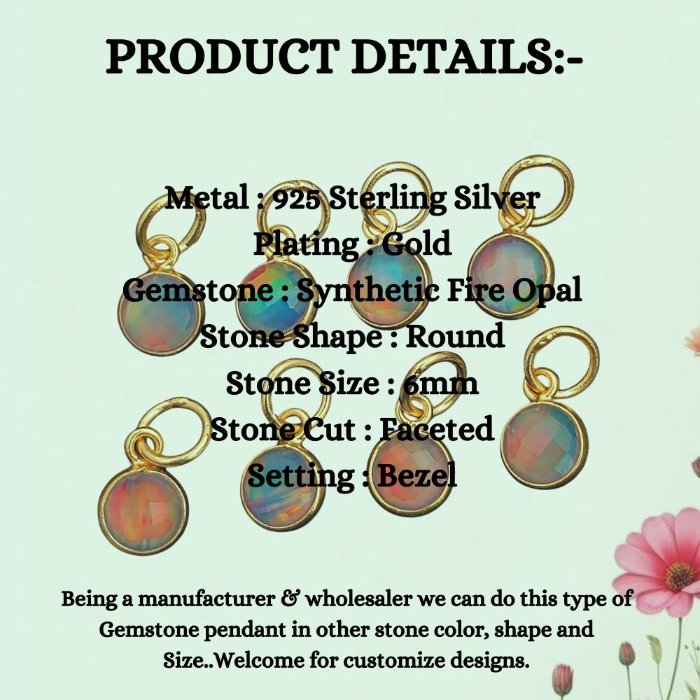Rainbow fire synthetic opal round pendant connector with gold plated sterling silver frame