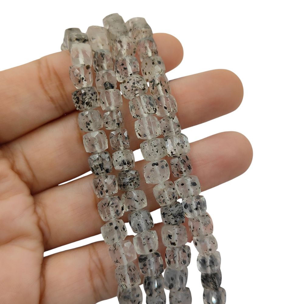 Faceted Black Dot Square Cube Beads Natural Spotted Gemstone Beads for Handmade Jewelry Making- Selling Per Strand