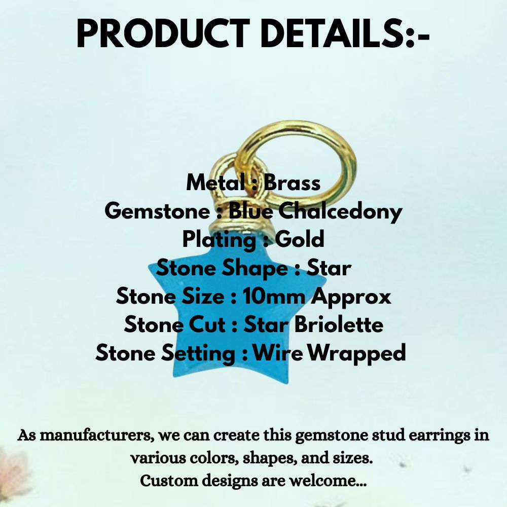 Faceted Blue Chalcedony Star Charm, Gold Wire Wrapped Natural Gemstone Pendant for Earrings & Necklaces