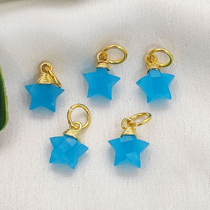 Faceted Blue Chalcedony Star Charm, Gold Wire Wrapped Natural Gemstone Pendant for Earrings & Necklaces