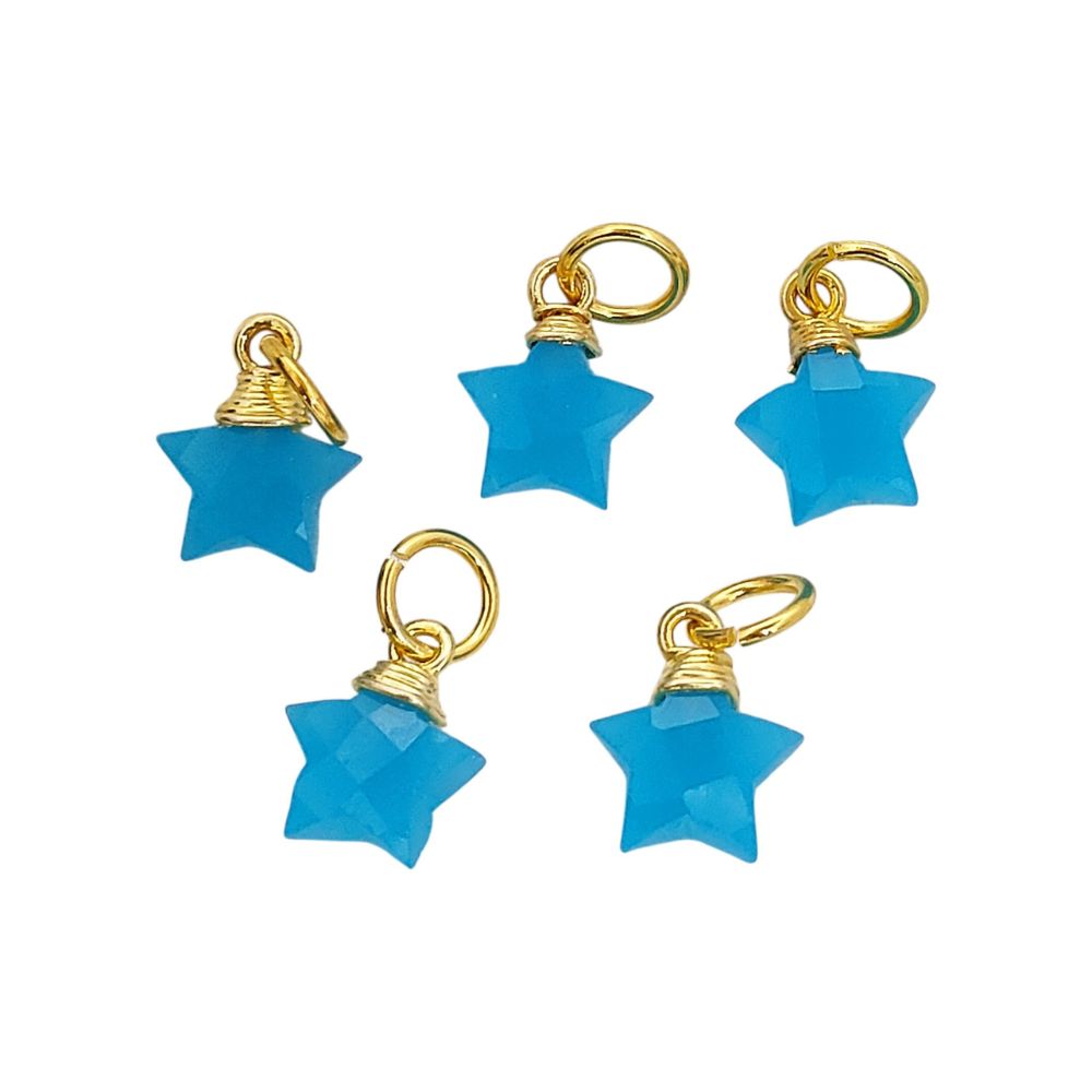 Faceted Blue Chalcedony Star Charm, Gold Wire Wrapped Natural Gemstone Pendant for Earrings & Necklaces