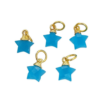 Faceted Blue Chalcedony Star Charm, Gold Wire Wrapped Natural Gemstone Pendant for Earrings & Necklaces