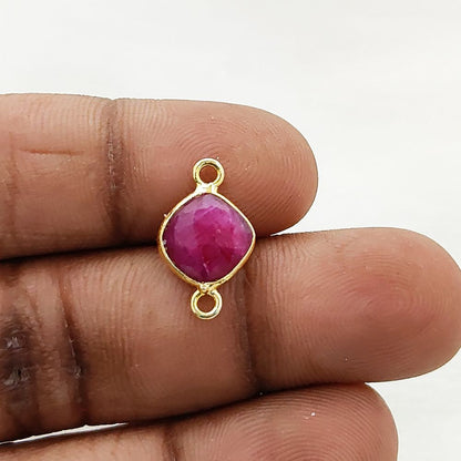 Faceted Dyed Ruby Connector 8mm Gold Plated Cushion Cut Bezel Charm for DIY Earrings, Necklaces & Bracelets- Selling Per Piece