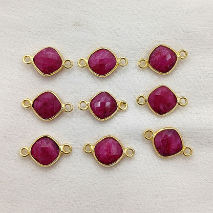 Faceted Dyed Ruby Connector 8mm Gold Plated Cushion Cut Bezel Charm for DIY Earrings, Necklaces & Bracelets- Selling Per Piece