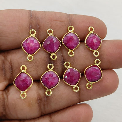 Faceted Dyed Ruby Connector 8mm Gold Plated Cushion Cut Bezel Charm for DIY Earrings, Necklaces & Bracelets- Selling Per Piece