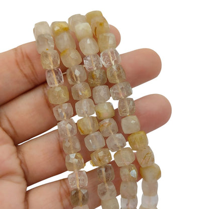 Faceted Golden Rutile Square Cube Beads Natural Gold Rutilated Quartz Gemstone Beads for Handmade Jewelry Making- Selling Per Strand
