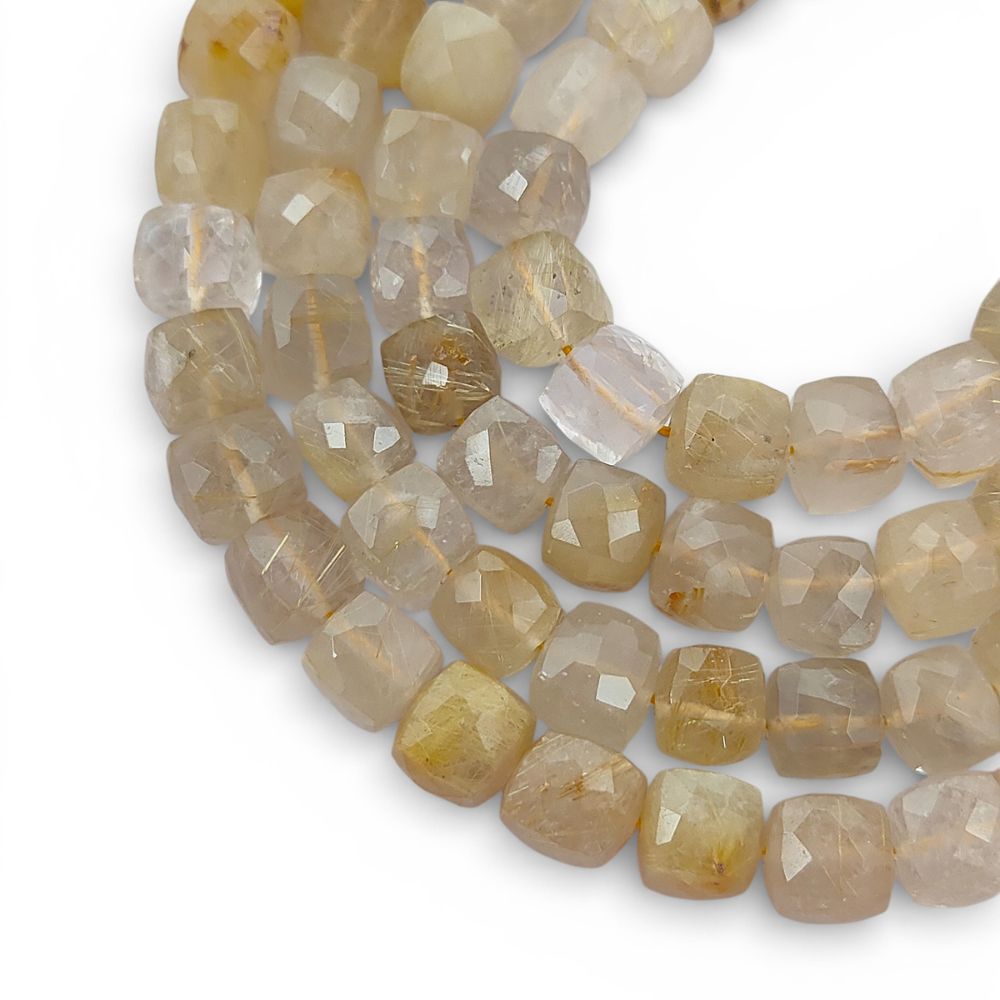 Faceted Golden Rutile Square Cube Beads Natural Gold Rutilated Quartz Gemstone Beads for Handmade Jewelry Making- Selling Per Strand