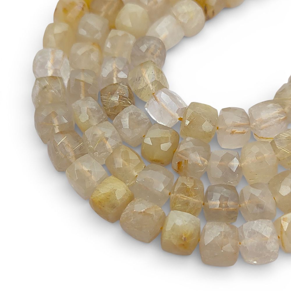 Faceted Golden Rutile Square Cube Beads Natural Gold Rutilated Quartz Gemstone Beads for Handmade Jewelry Making- Selling Per Strand