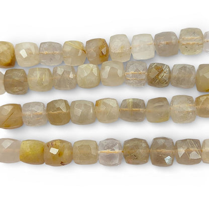 Faceted Golden Rutile Square Cube Beads Natural Gold Rutilated Quartz Gemstone Beads for Handmade Jewelry Making- Selling Per Strand