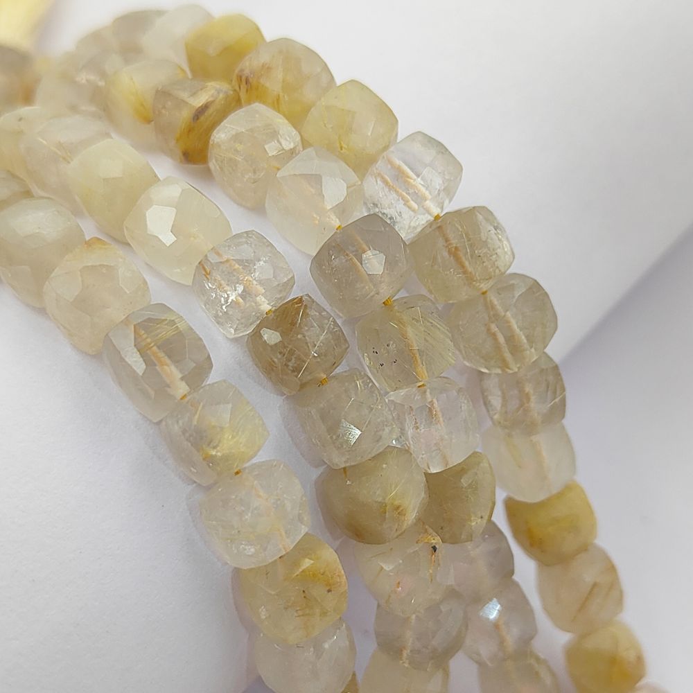 Faceted Golden Rutile Square Cube Beads Natural Gold Rutilated Quartz Gemstone Beads for Handmade Jewelry Making- Selling Per Strand