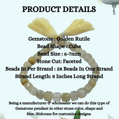 Faceted Golden Rutile Square Cube Beads Natural Gold Rutilated Quartz Gemstone Beads for Handmade Jewelry Making- Selling Per Strand