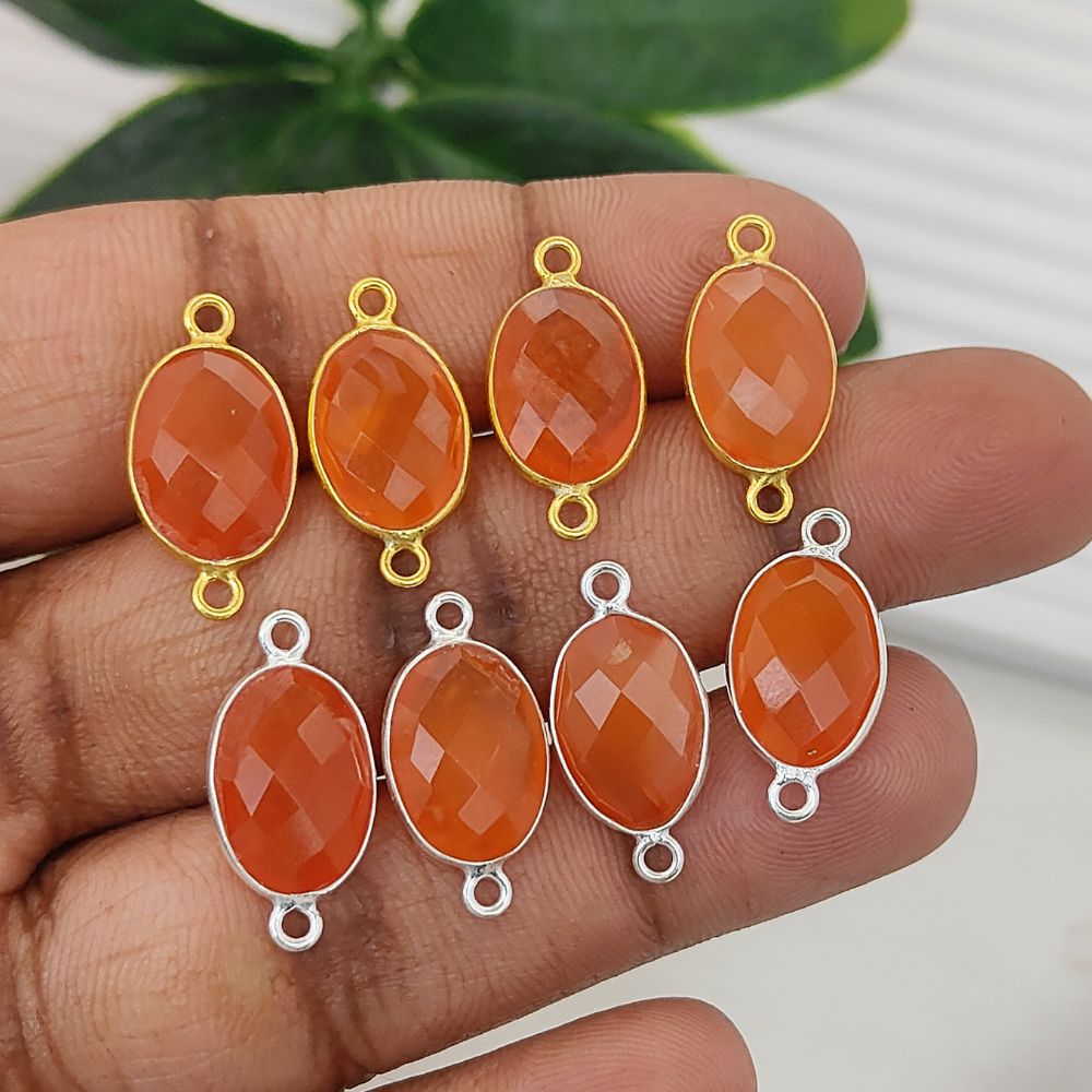 Faceted Orange Carnelian Oval Connector Charm Gold Plated 925 Sterling Silver Gemstone Link for DIY Jewelry Supplies - Selling Per Piece