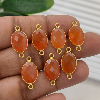 Faceted Orange Carnelian Oval Connector Charm Gold Plated 925 Sterling Silver Gemstone Link for DIY Jewelry Supplies - Selling Per Piece