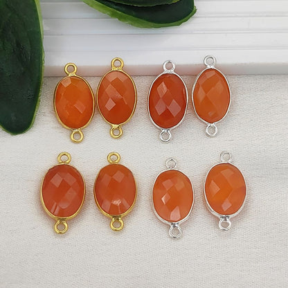 Faceted Orange Carnelian Oval Connector Charm Gold Plated 925 Sterling Silver Gemstone Link for DIY Jewelry Supplies - Selling Per Piece