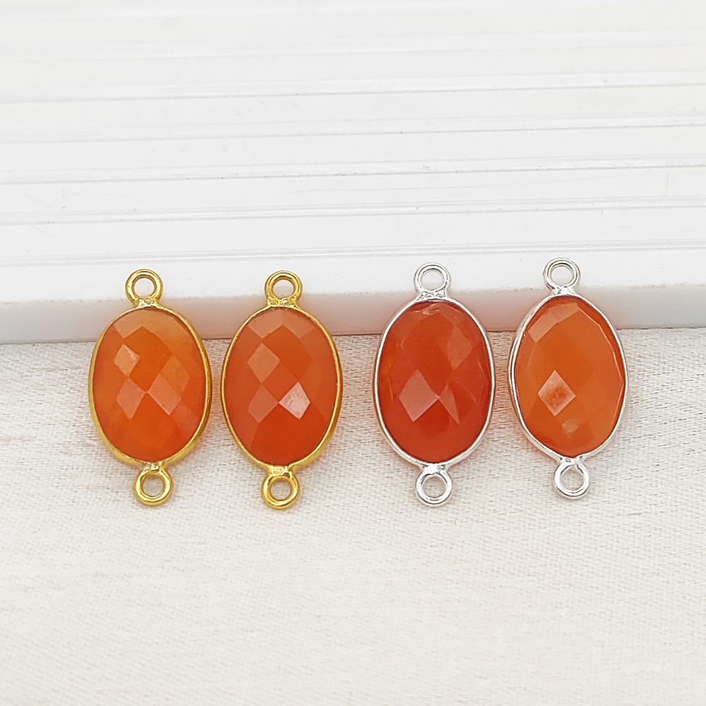 Faceted Orange Carnelian Oval Connector Charm Gold Plated 925 Sterling Silver Gemstone Link for DIY Jewelry Supplies - Selling Per Piece