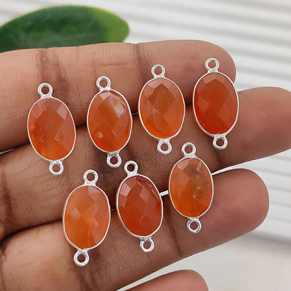 Faceted Orange Carnelian Oval Connector Charm Gold Plated 925 Sterling Silver Gemstone Link for DIY Jewelry Supplies - Selling Per Piece