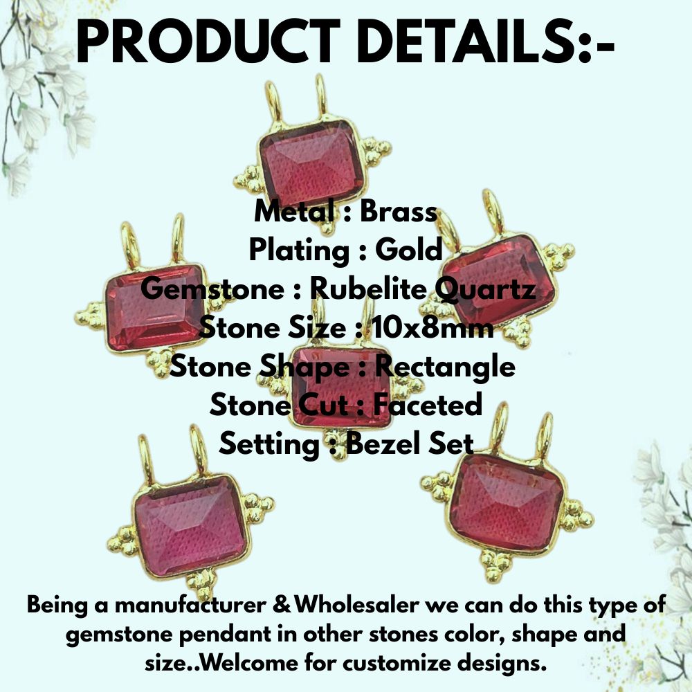 Faceted Rubelite Quartz Rectangle Charm Gold Plated Bezel Link Connector for DIY Jewelry