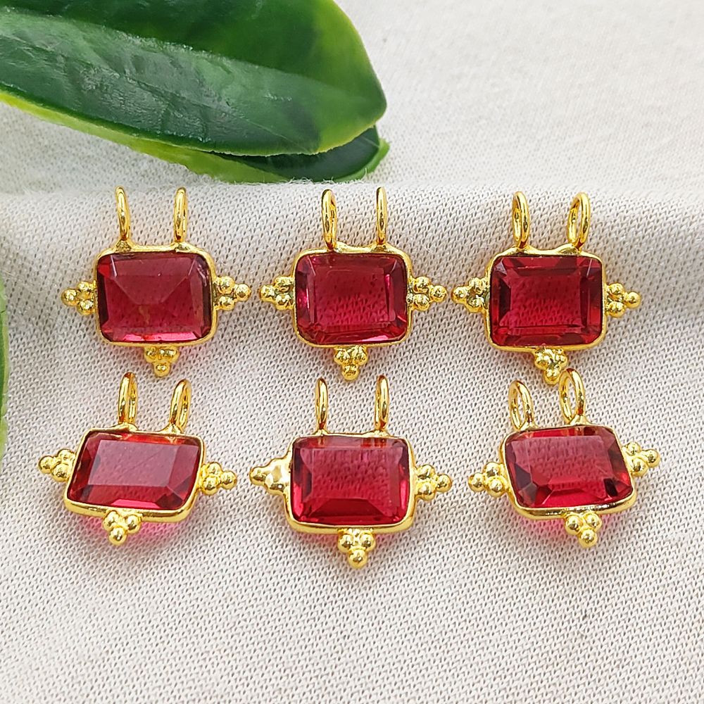 Faceted Rubelite Quartz Rectangle Charm Gold Plated Bezel Link Connector for DIY Jewelry