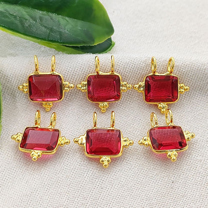 Faceted Rubelite Quartz Rectangle Charm Gold Plated Bezel Link Connector for DIY Jewelry