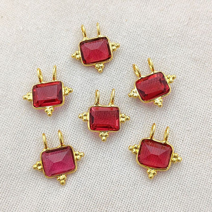 Faceted Rubelite Quartz Rectangle Charm Gold Plated Bezel Link Connector for DIY Jewelry
