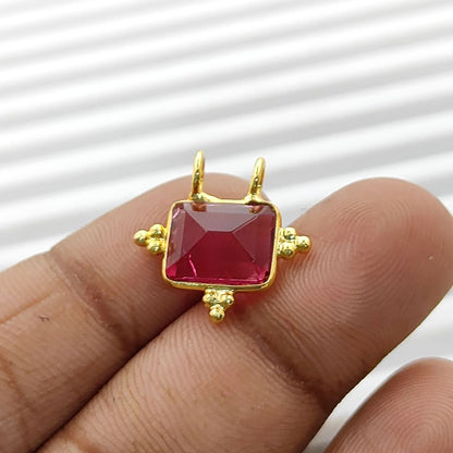 Faceted Rubelite Quartz Rectangle Charm Gold Plated Bezel Link Connector for DIY Jewelry