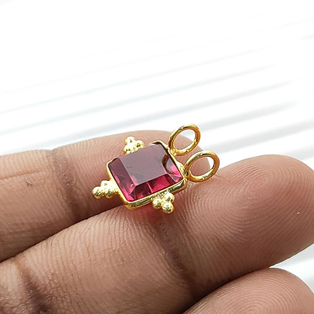 Faceted Rubelite Quartz Rectangle Charm Gold Plated Bezel Link Connector for DIY Jewelry