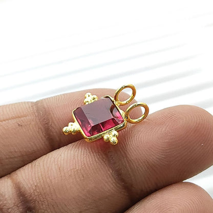 Faceted Rubelite Quartz Rectangle Charm Gold Plated Bezel Link Connector for DIY Jewelry