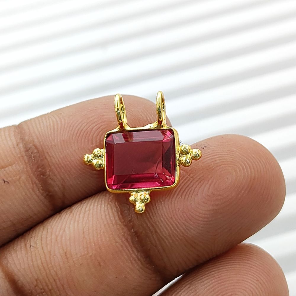 Faceted Rubelite Quartz Rectangle Charm Gold Plated Bezel Link Connector for DIY Jewelry