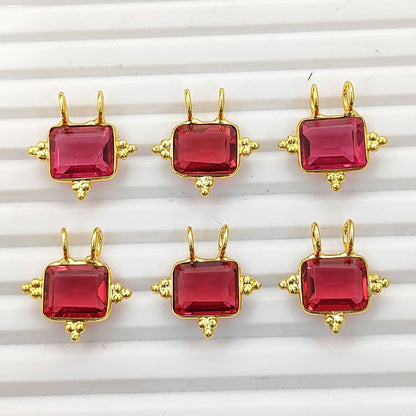 Faceted Rubelite Quartz Rectangle Charm Gold Plated Bezel Link Connector for DIY Jewelry