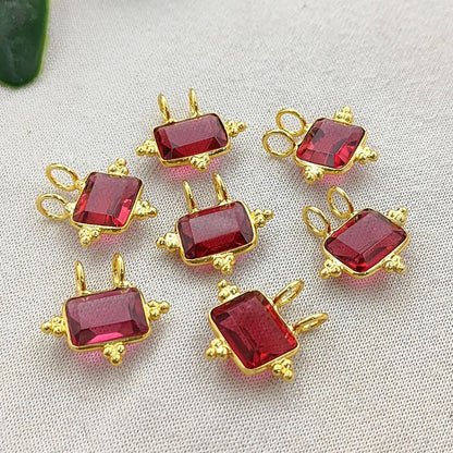 Faceted Rubelite Quartz Rectangle Charm Gold Plated Bezel Link Connector for DIY Jewelry