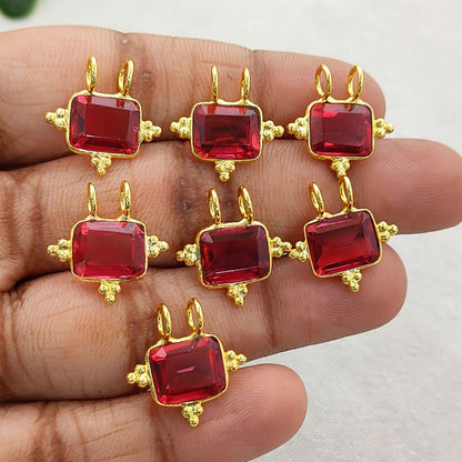 Faceted Rubelite Quartz Rectangle Charm Gold Plated Bezel Link Connector for DIY Jewelry