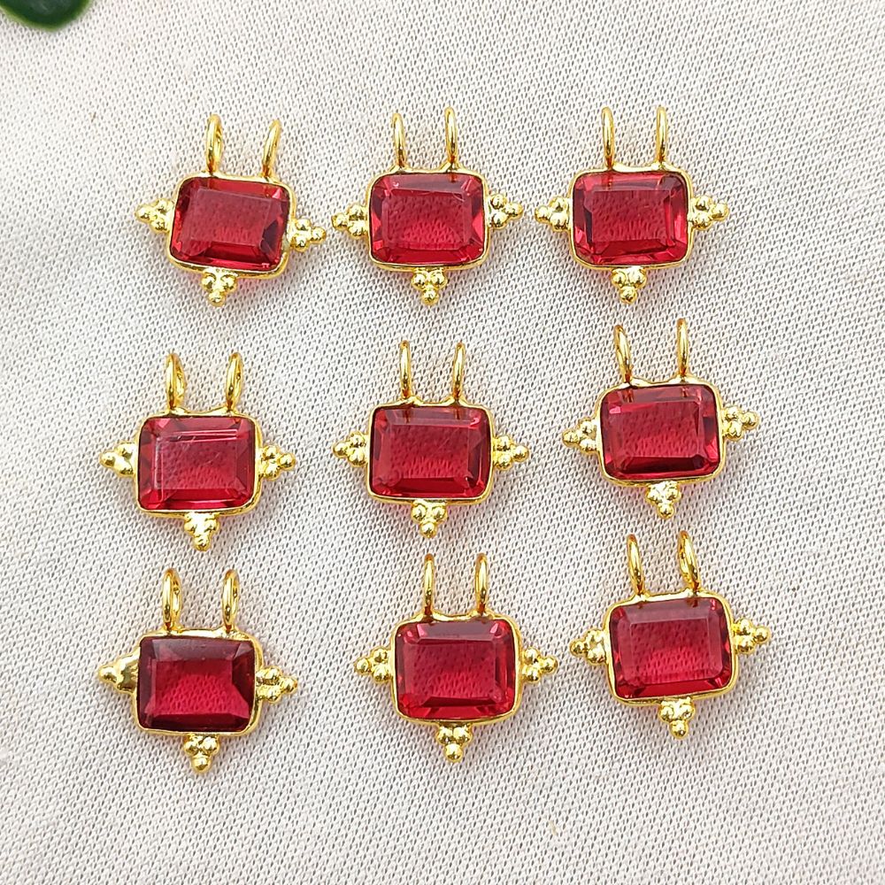 Faceted Rubelite Quartz Rectangle Charm Gold Plated Bezel Link Connector for DIY Jewelry