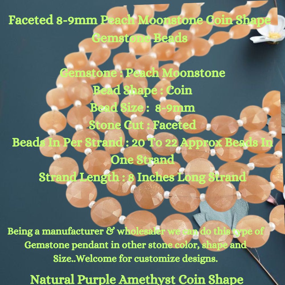 Faceted 8-9mm Peach Moonstone Coin Shape Gemstone Beads