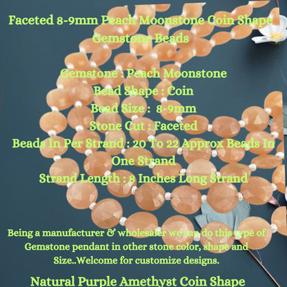 Faceted 8-9mm Peach Moonstone Coin Shape Gemstone Beads
