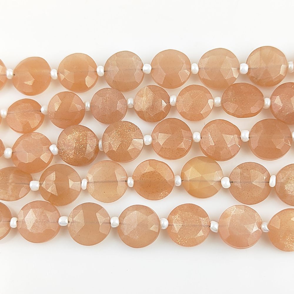 Faceted 8-9mm Peach Moonstone Coin Shape Gemstone Beads